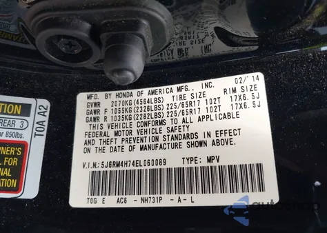 2014 Honda Cr-V Ex-L z USA, uszkodzony, nr VIN 5J6RM4H74EL060089